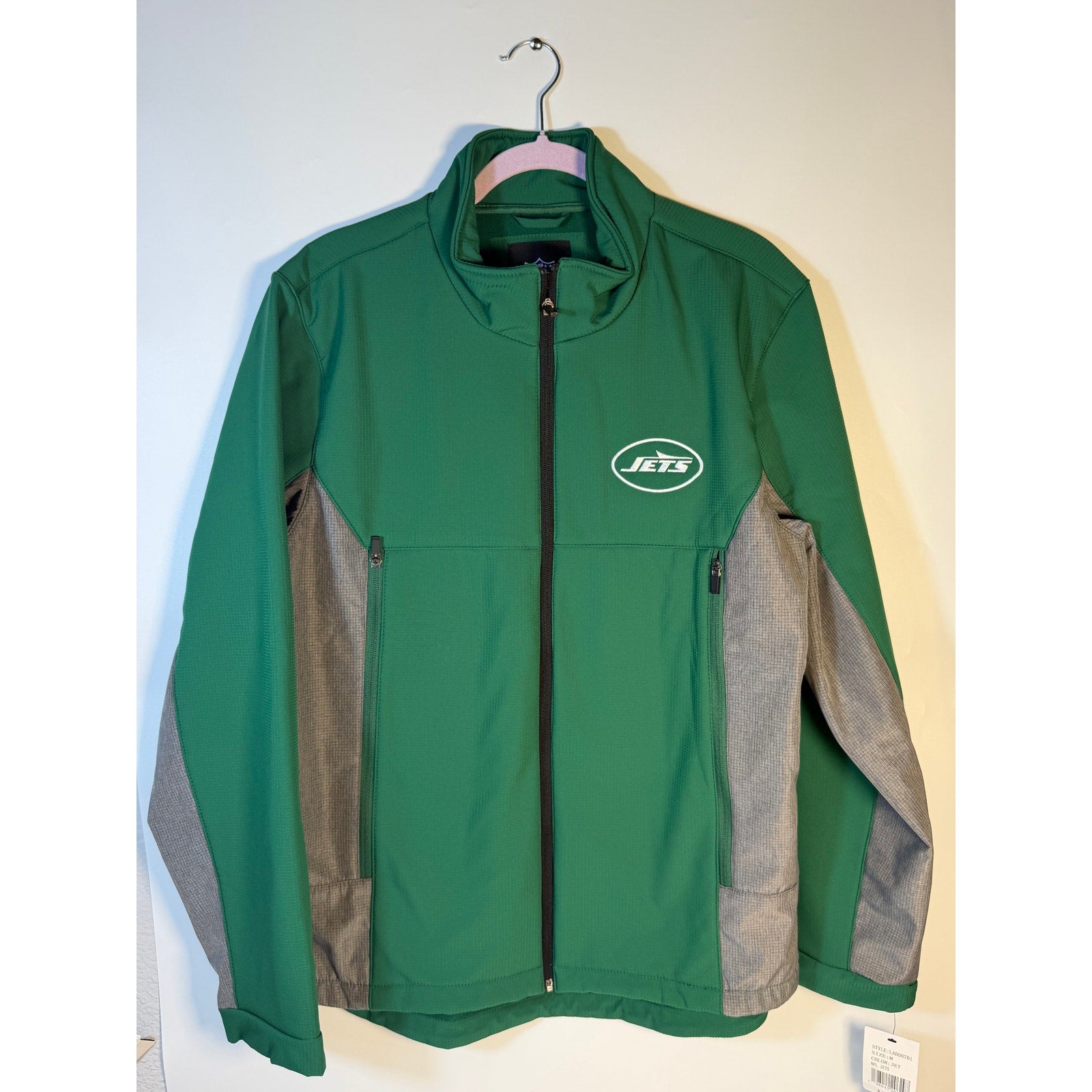 NFL New York Jets women's full zip jacket in green and gray, medium, team apparel, featuring Jets logo and front zipper.