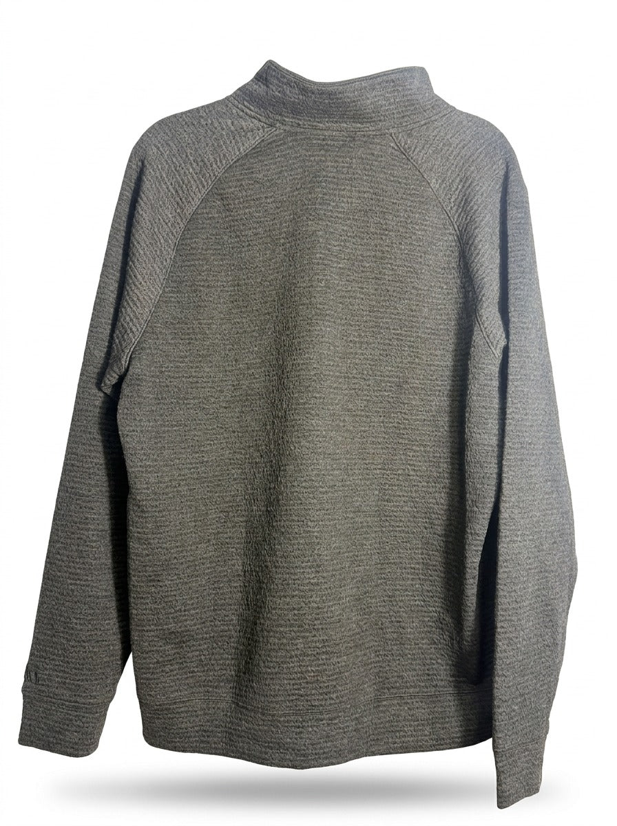 Men's VRST Recharge Lunar 1/4 Zip Pullover in Heather Charcoal Gray, size large, displayed on a hanger.