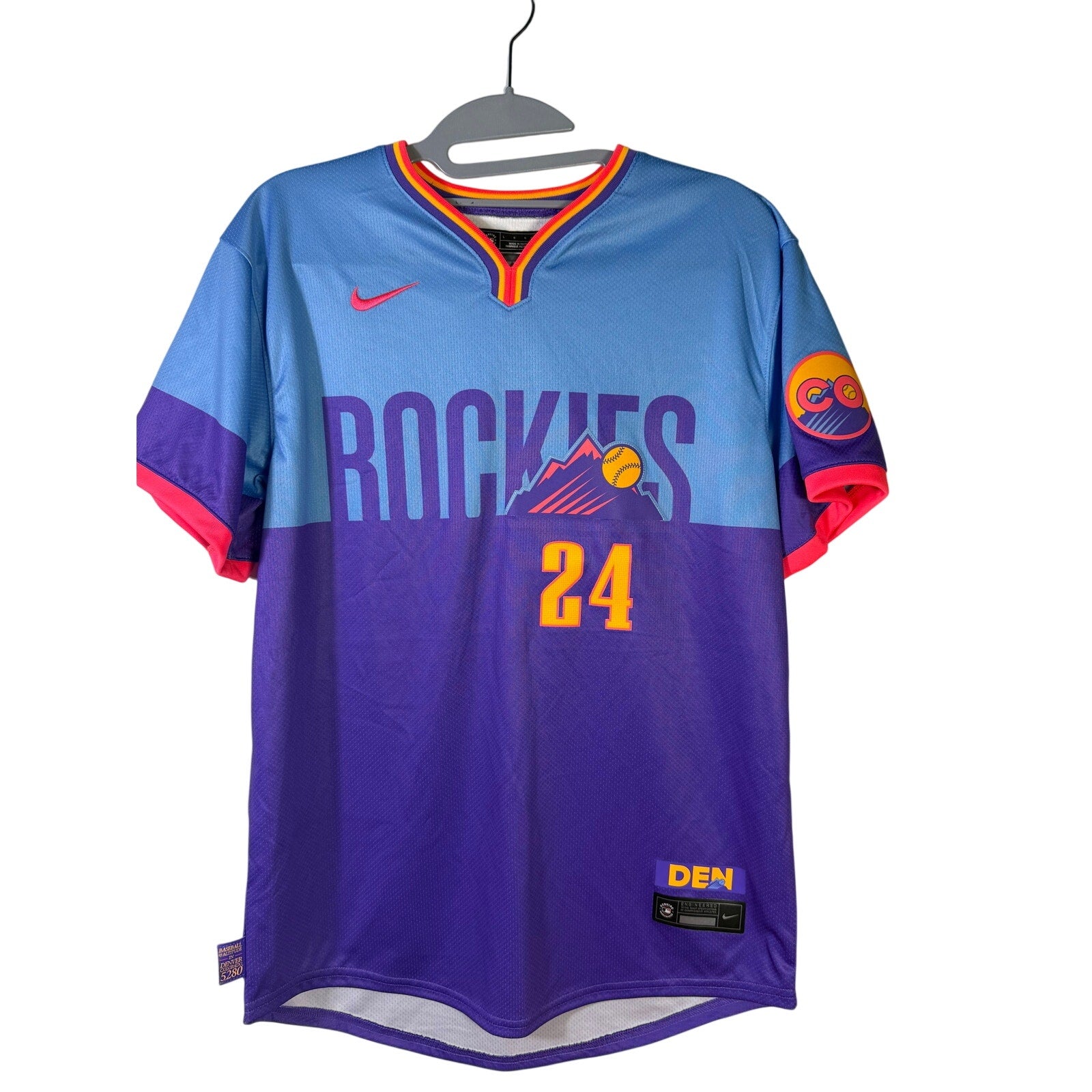 Nike Rockies McMahon #24 City Connect youth jersey in size L 14/16, featuring team logo and vibrant design details.