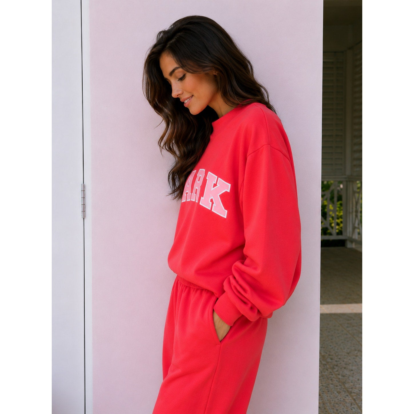 Pink PARKE Heritage Varsity Mockneck Sweatshirt for women, XXL pullover with ribbed cuffs and collar, casual and cozy style.