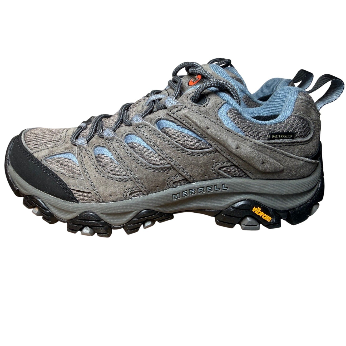 Merrell Moab 3 women's hiking sneakers in blue, gray, and black with durable design and supportive soles.