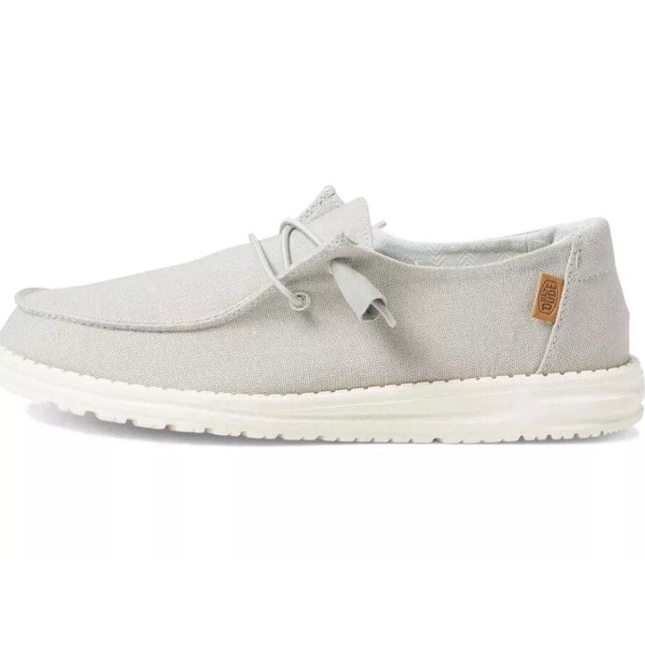 Hey Dude Wendy Chambray women's sneakers in light grey, size 8, featuring casual slip-on style and fabric upper.