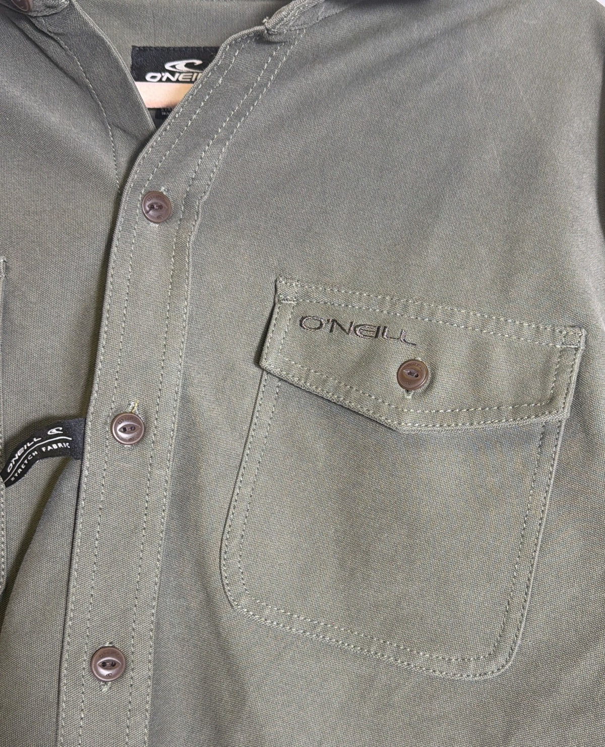 Men's O'Neill Unified Overshirt in olive green, size M, featuring a stretch fabric, button-up design, and shirt jacket style.