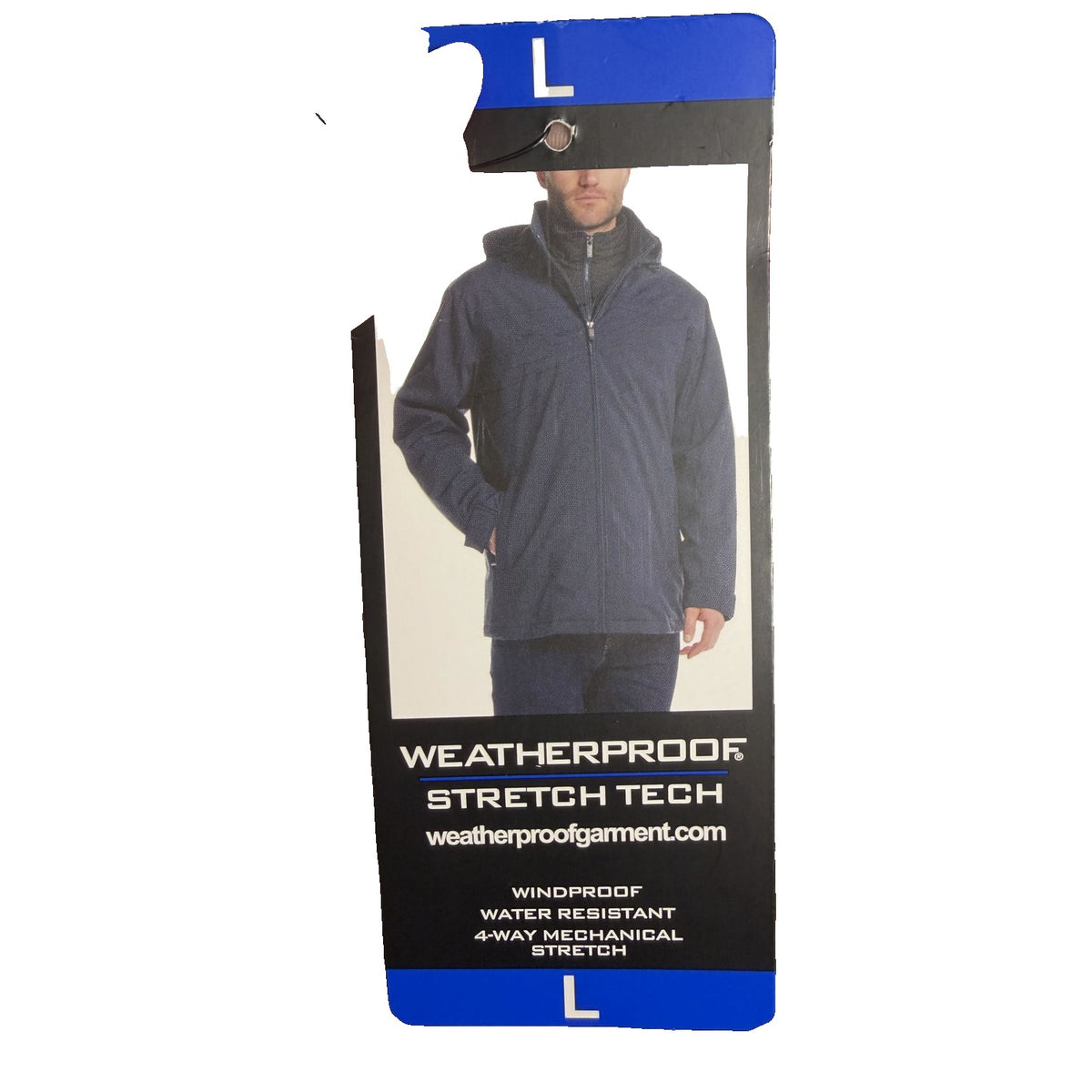 Weatherproof men's navy blue stretch tech hooded jacket with quilted bib, showing front view and adjustable hood.