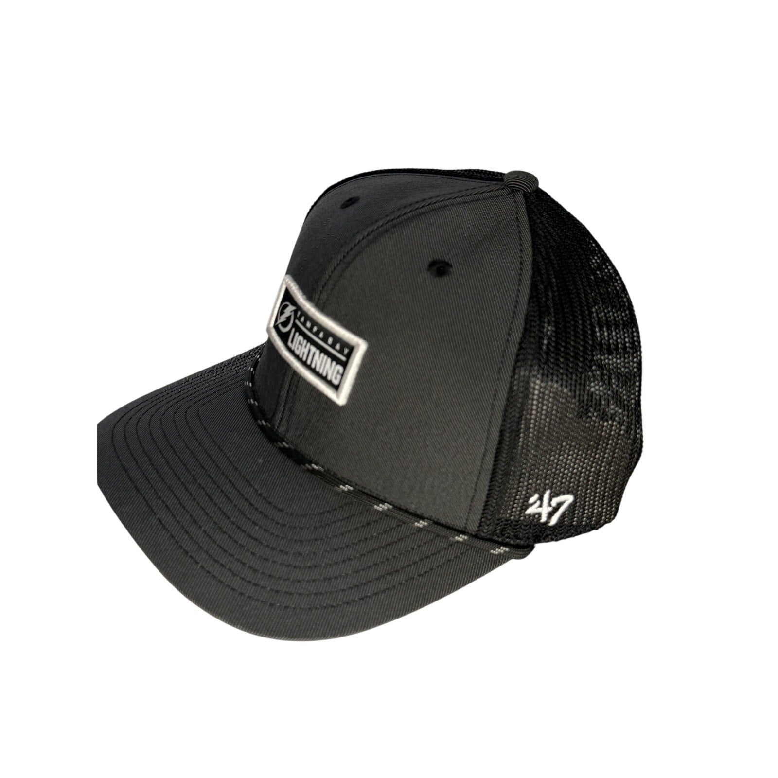 Gray and black 47 Brand Tampa Bay Lightning trucker hat with adjustable snapback, NHL team logo, and mesh back for ventilation.