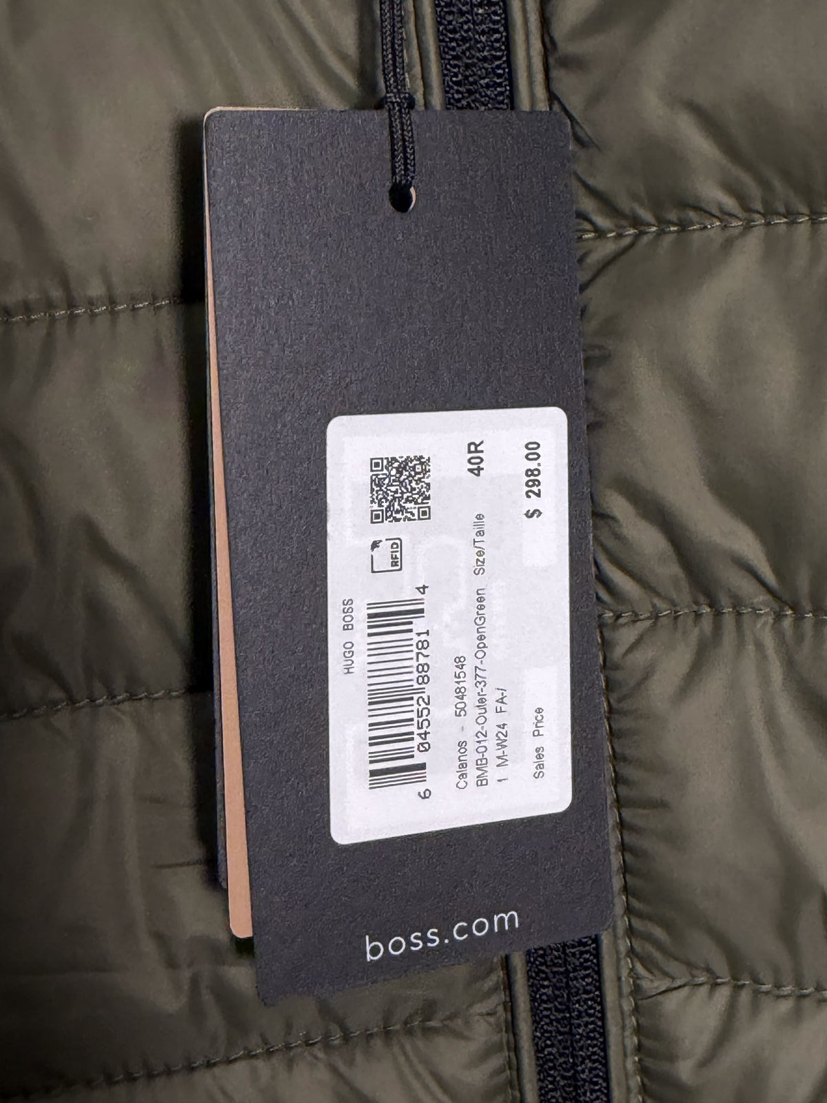 Green Hugo Boss Calanos lightweight puffer jacket for men, size 40R, with a sleek, padded design and brand logo.