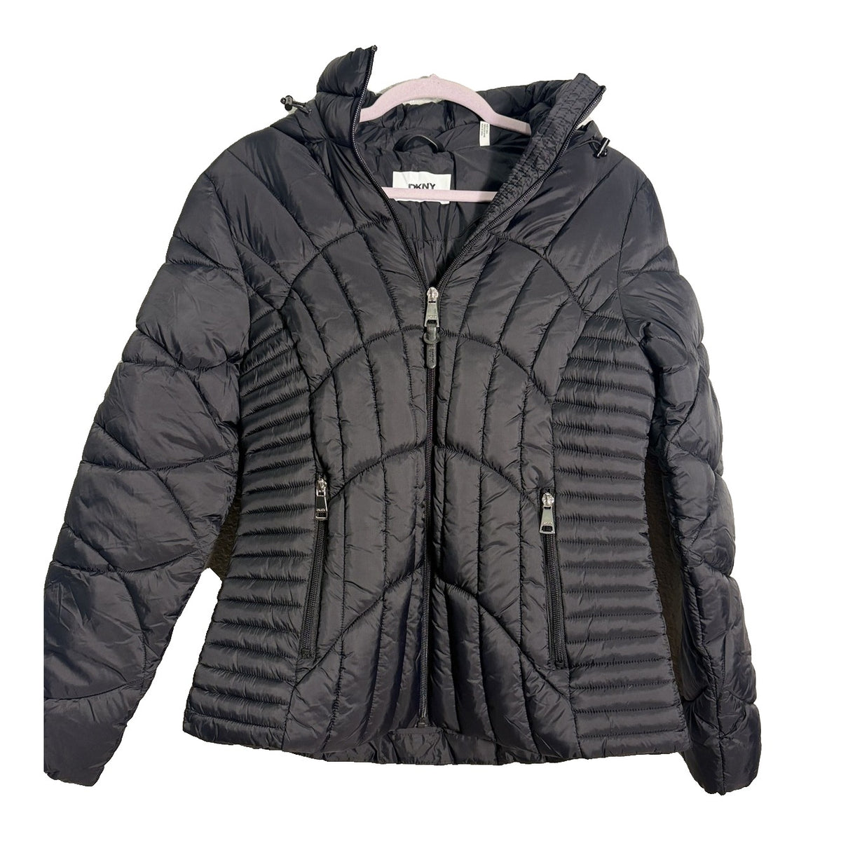 Black DKNY women's hooded quilted puffer jacket, stylish winter outerwear with a padded design and hood for warmth.