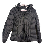 Black DKNY women's hooded quilted puffer jacket, stylish winter outerwear with a padded design and hood for warmth.