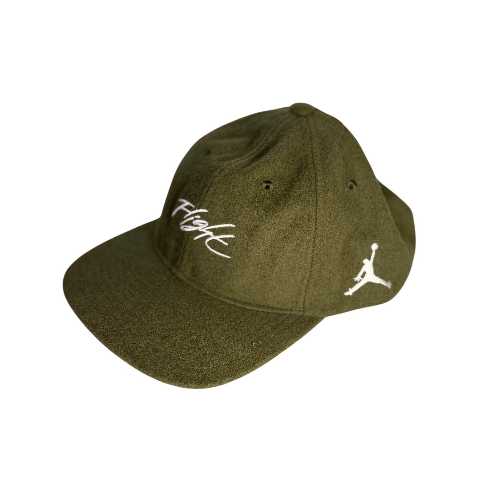 Jordan Flight adjustable strapback hat in olive green wool blend, unisex men's and women's cap with a classic design.