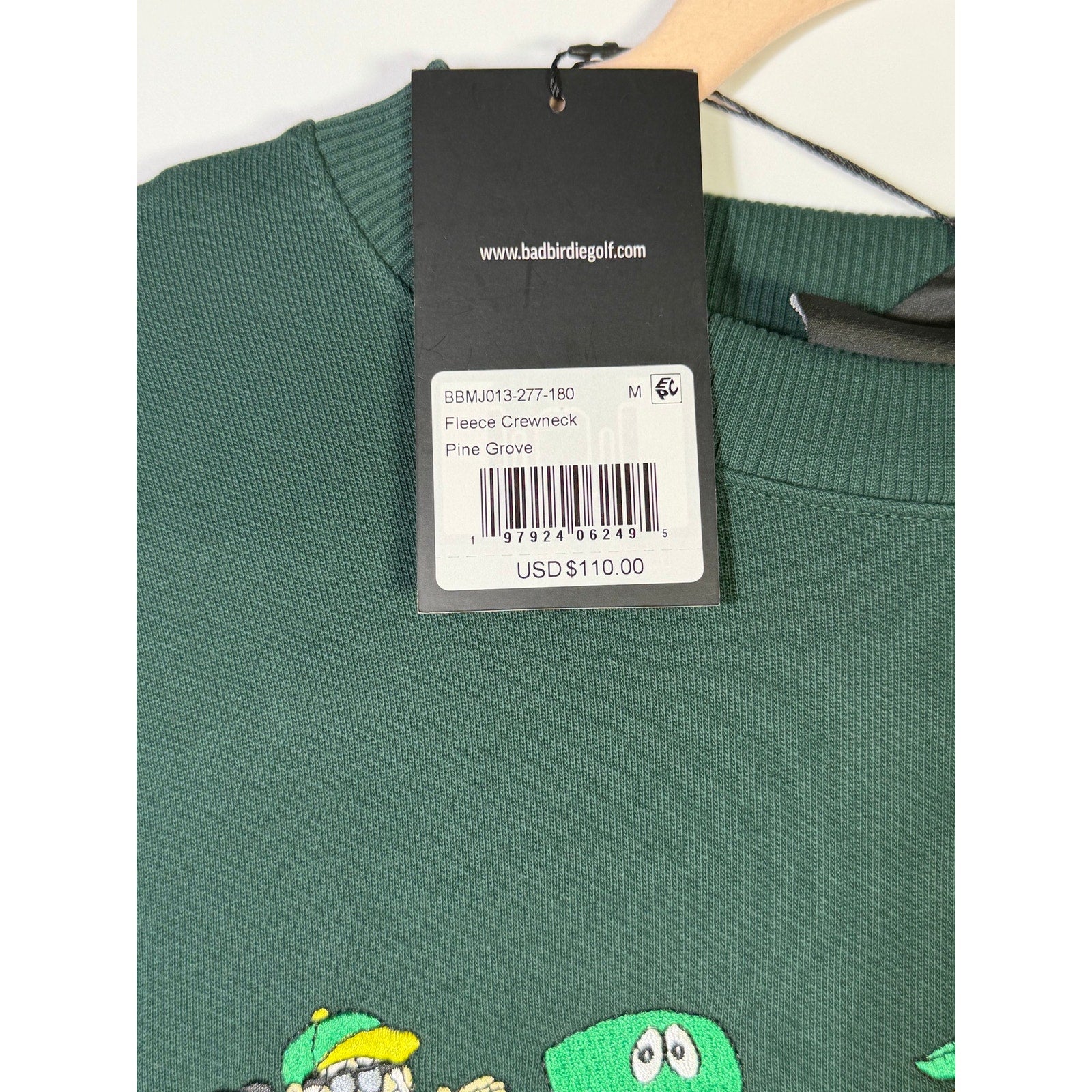 Bad Birdie Pine Grove embroidered golf fleece crewneck sweatshirt for men, medium size, showing detailed embroidery on soft fabric