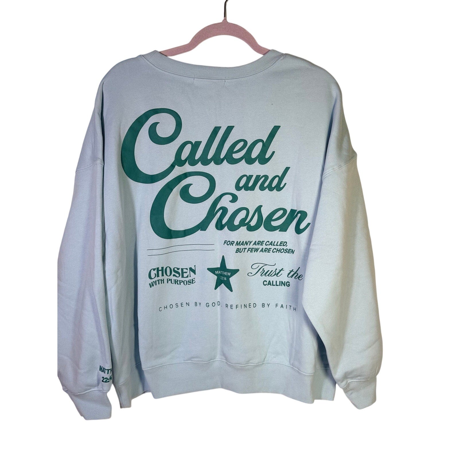 Light blue Revival Club Christian sweatshirt, XL size, featuring "Called and Chosen" print, casual and comfortable clothing.