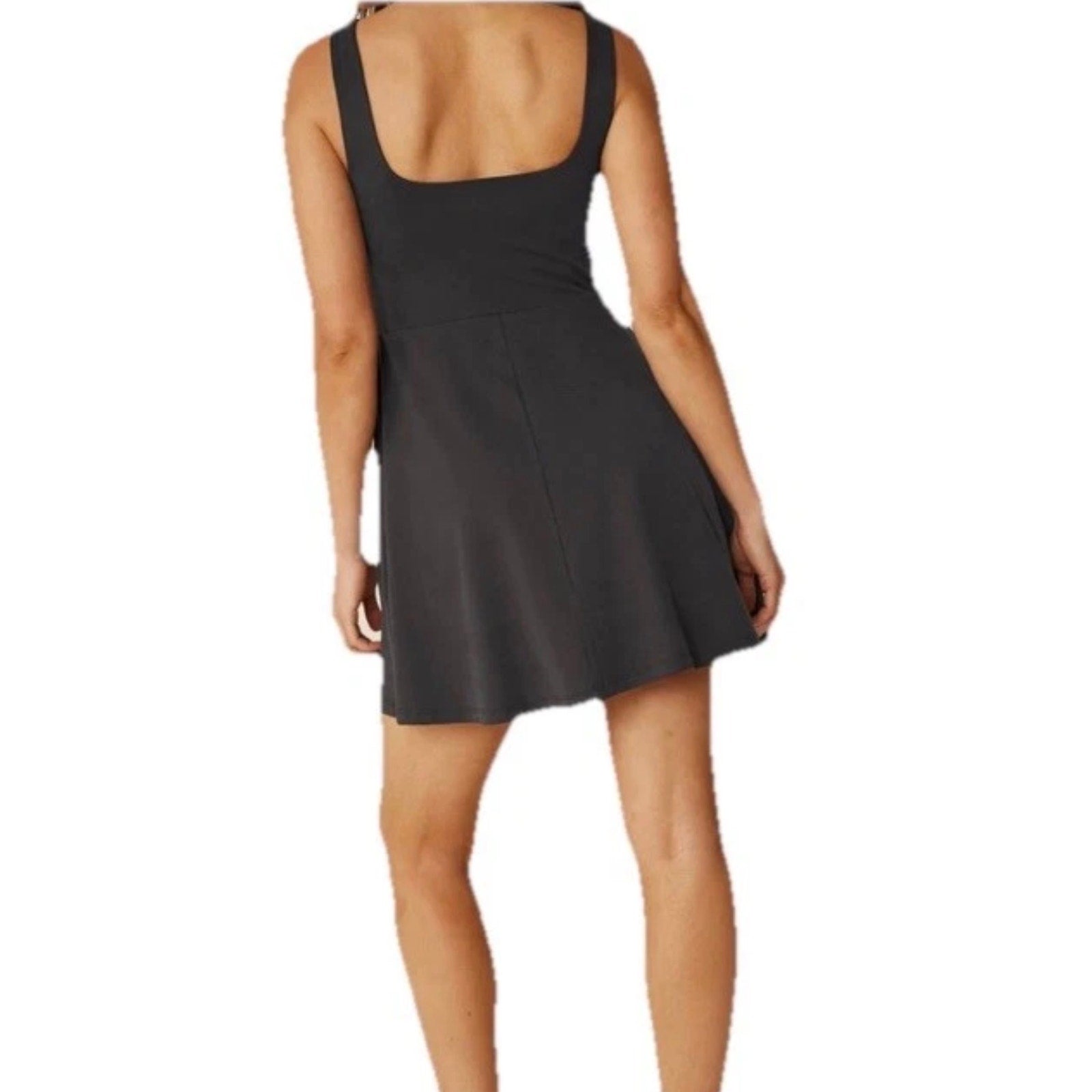 Black Beyond Yoga Charmed Fit & Flare Mini Dress for women, size medium, showcasing a stylish, comfortable dress design.