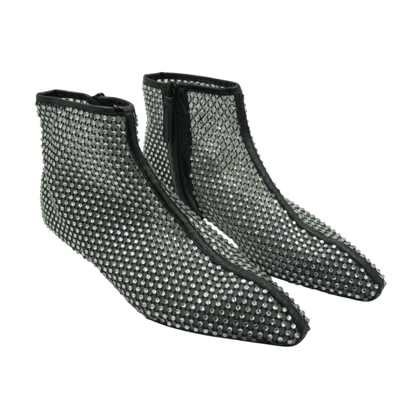 Rebecca Minkoff black crystal mesh booties with 40mm heel, women's size 8M, showcasing the stylish design and textured details.