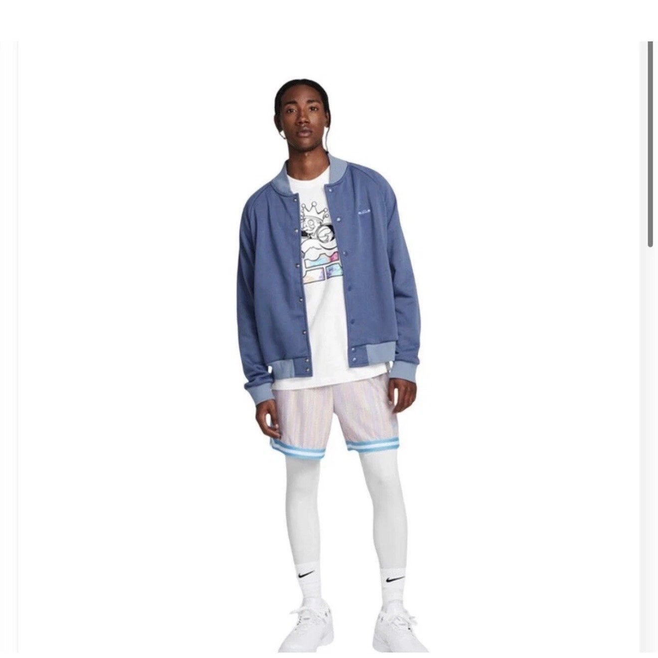 Nike LeBron men's blue basketball bomber jacket with snap buttons, front pockets, and sporty design.