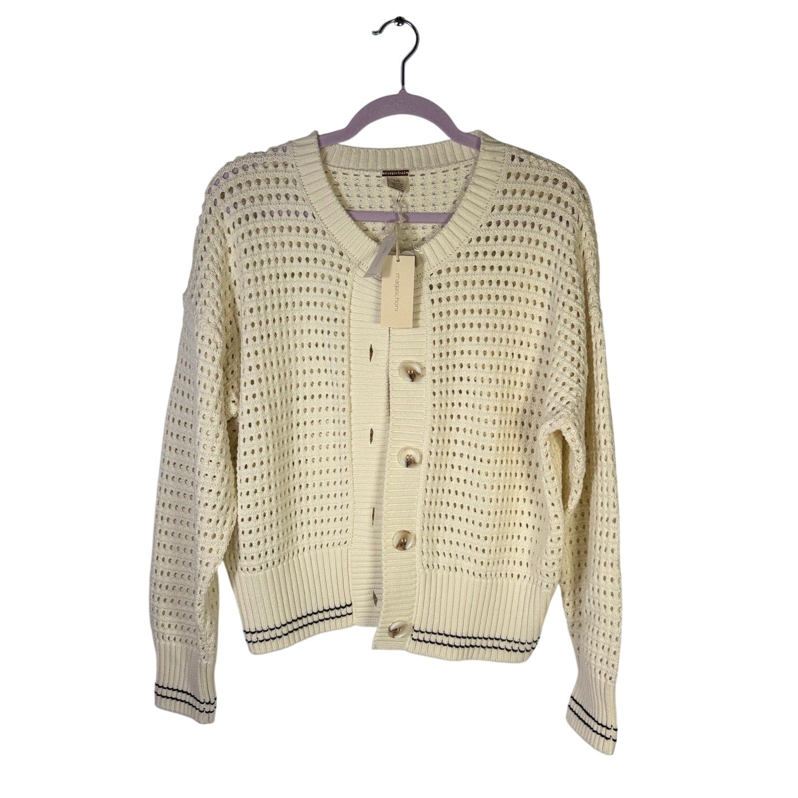 Magaschoni women's cream open-knit button cardigan sweater, size large, displayed flat with buttons visible.