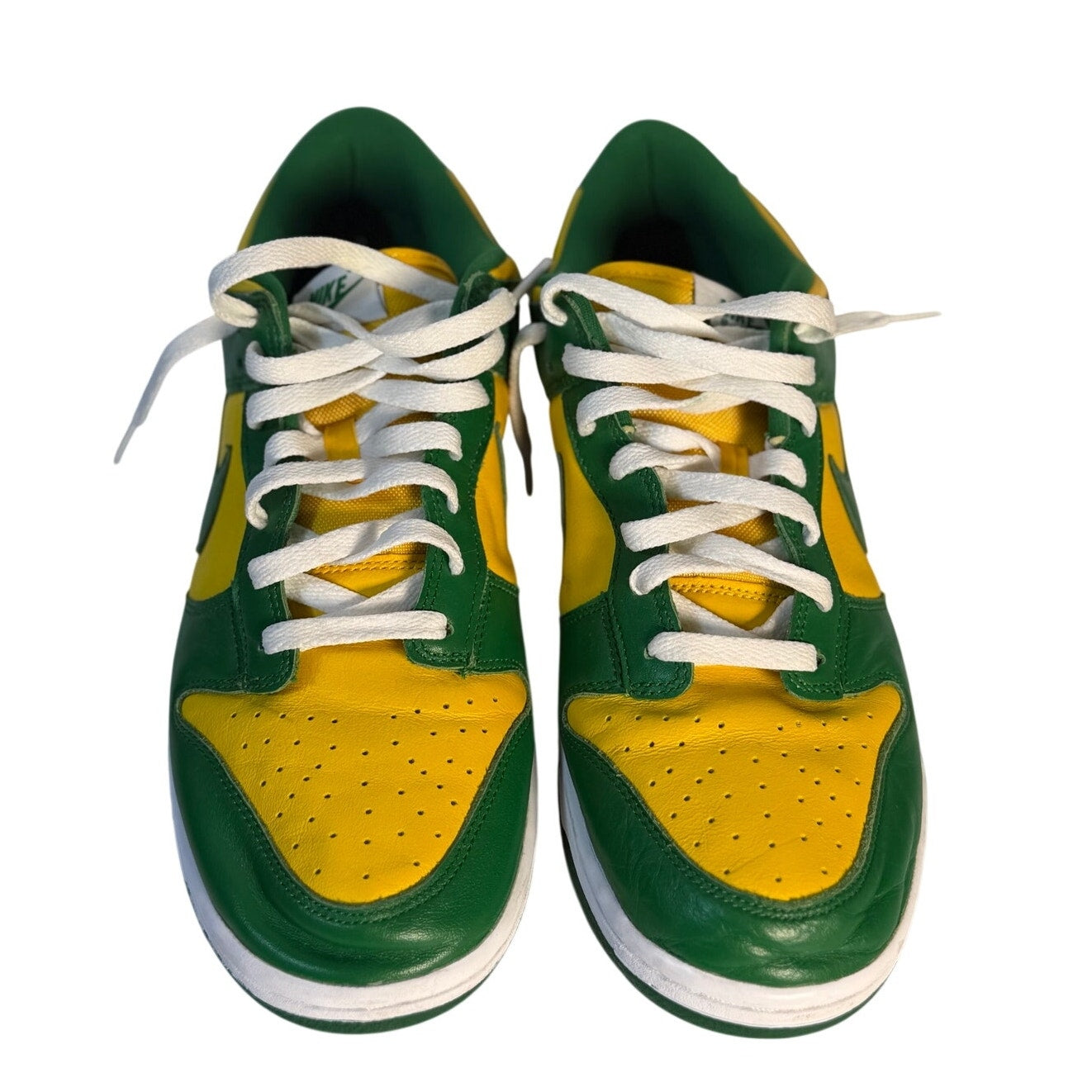 Nike Dunk Low Brazil green and yellow leather sneakers for men, US size 11, featuring vibrant color blocking and classic Nike design