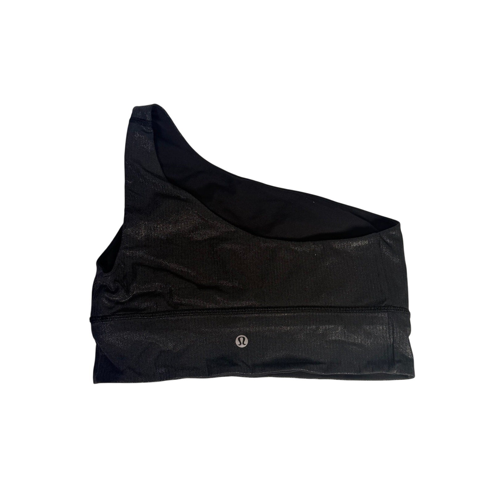 Lululemon women's black one-shoulder foil sports bra size 8, featuring sleek design and supportive fit.