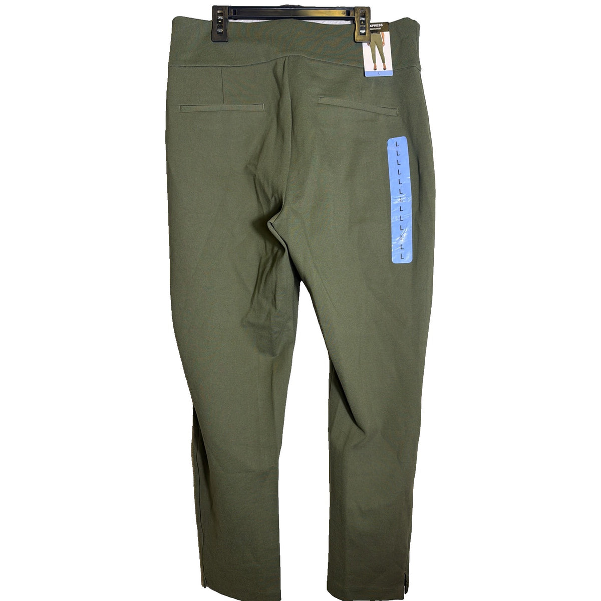 Olive green women's Express ponte pull-on ankle pants, size large, displayed flat with a smooth, fitted appearance.