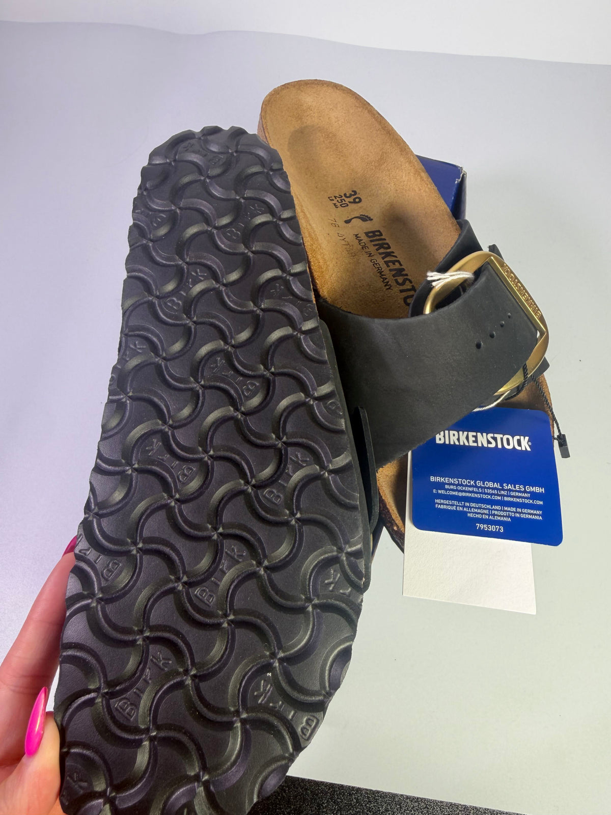 Black Birkenstock Madrid Big Buckle sandals for women, US size 8, featuring wide straps and classic sandal design.
