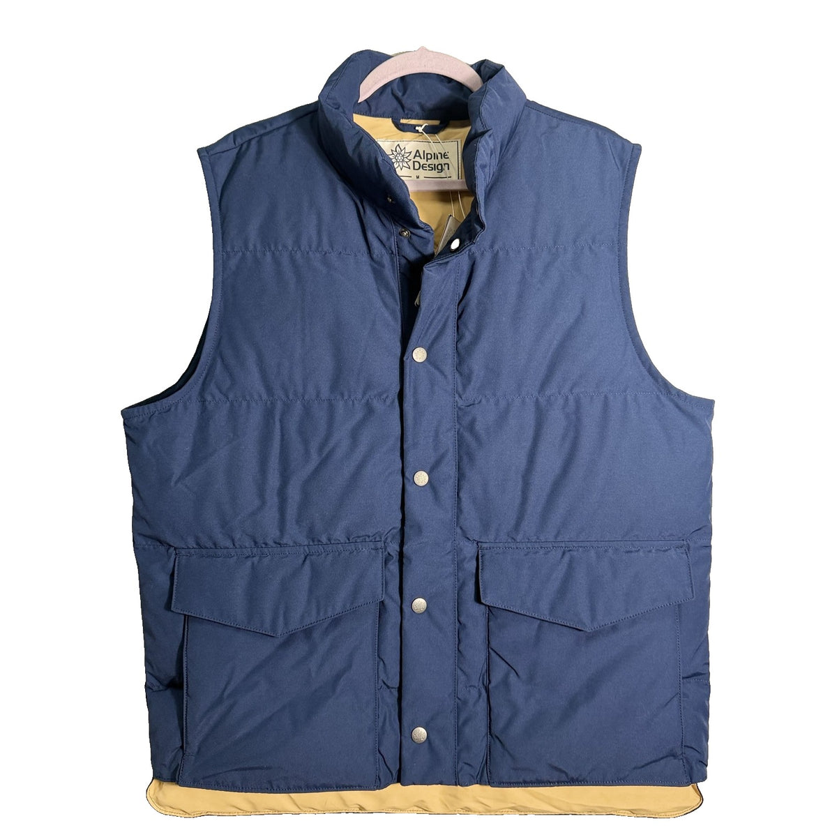 Men's Alpine Design AD 1962 Puffer Vest in vintage blue, medium size, lightweight insulated vest with a quilted design.