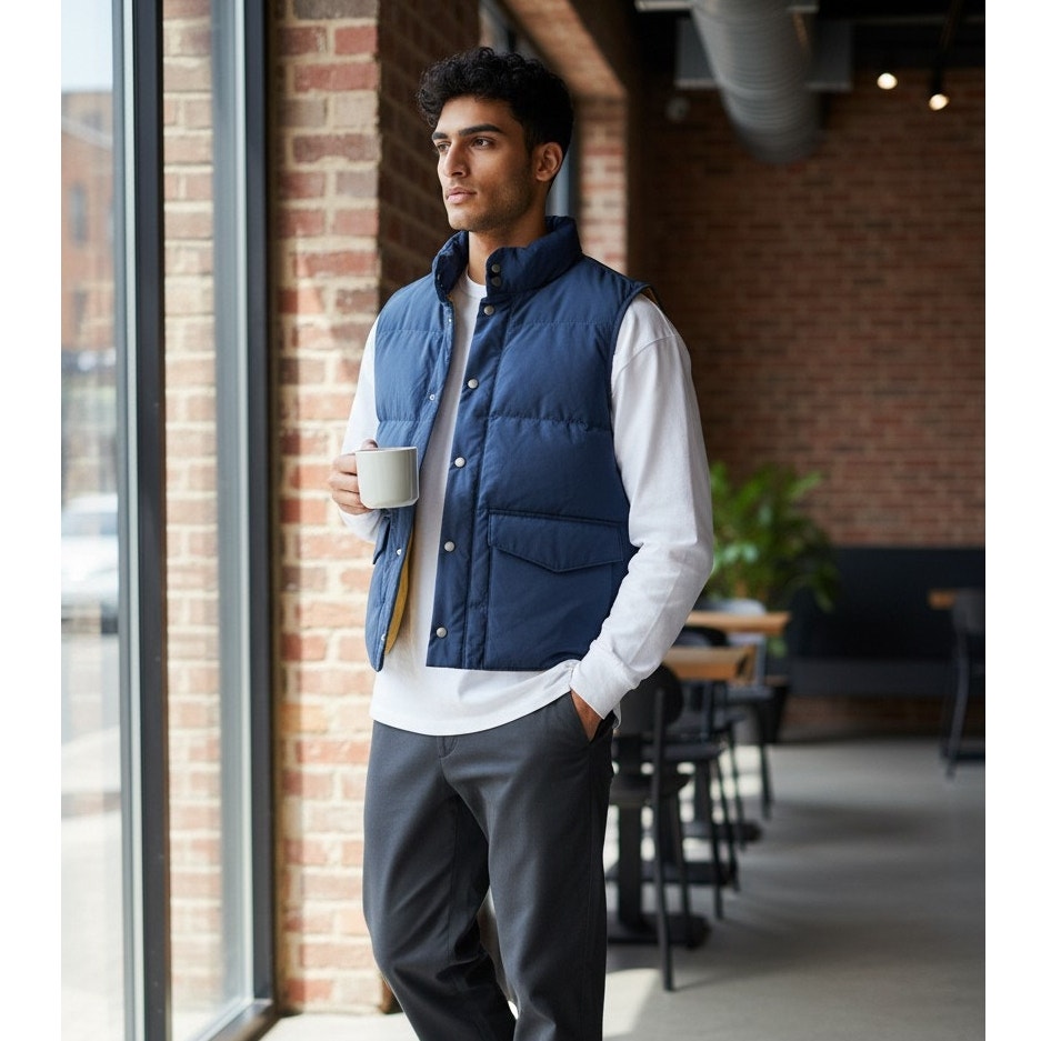 Alpine Design men's blue insulated puffer vest with snap front, lightweight and warm, perfect for outdoor layering.
