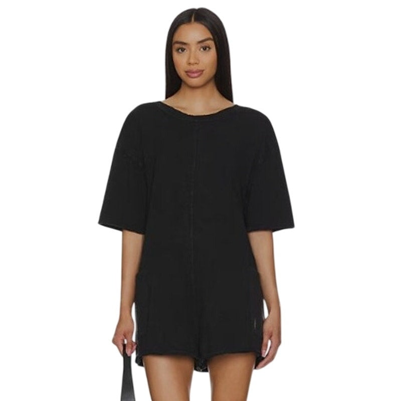 FP Movement Hot Shot Tee Romper in black, women's medium, one-piece with shorts, casual and comfortable activewear.