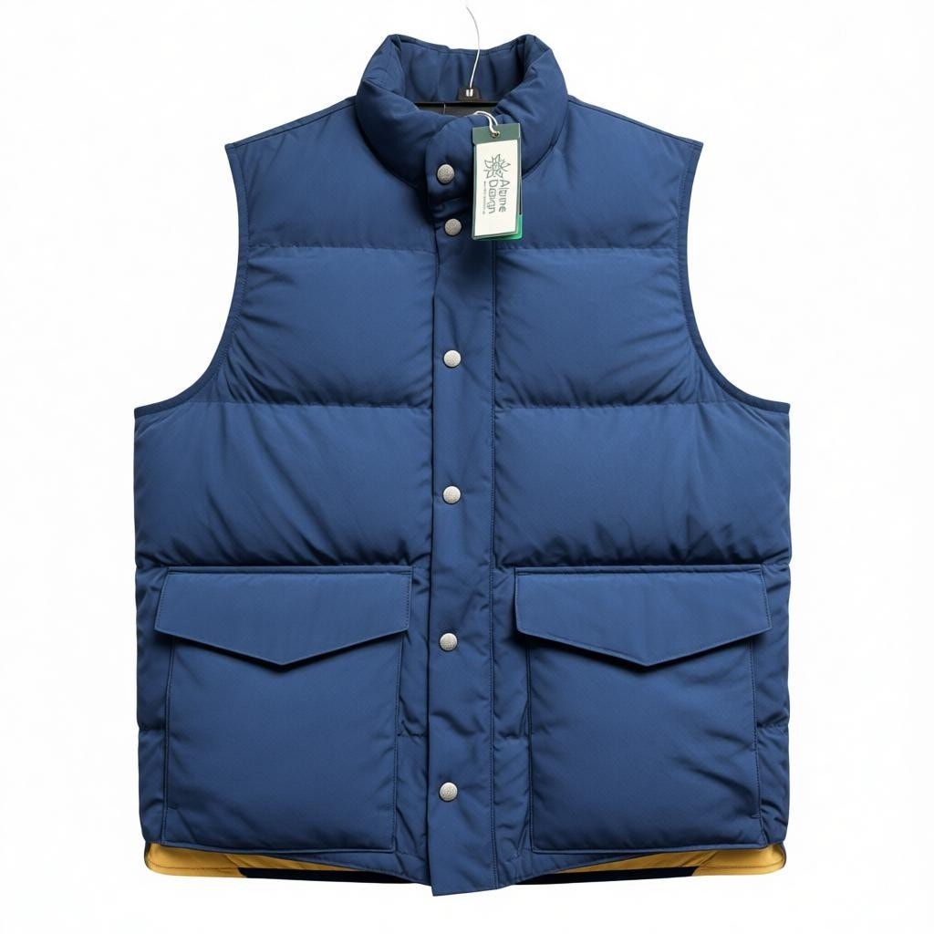 Alpine Design men's blue insulated puffer vest with snap front, lightweight and warm, suitable for outdoor wear.