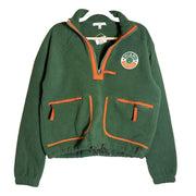 Green and orange Miami Hurricanes women's fleece 1/4 zip pullover by WEAR by Erin Andrews, size small, front view.