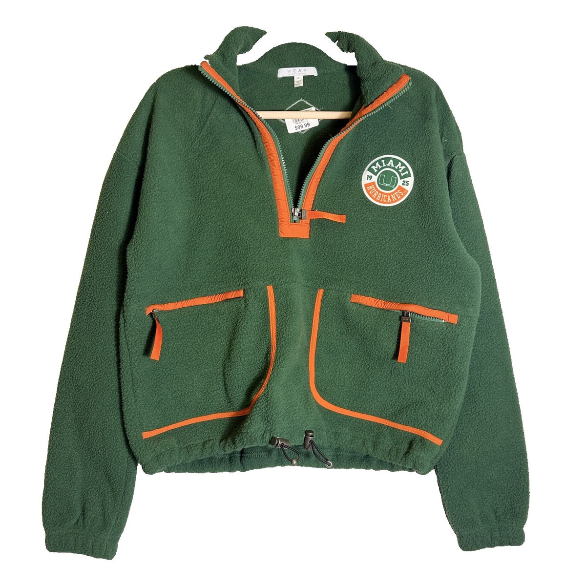 Green and orange Miami Hurricanes women's fleece 1/4 zip pullover by WEAR by Erin Andrews, size small, front view.