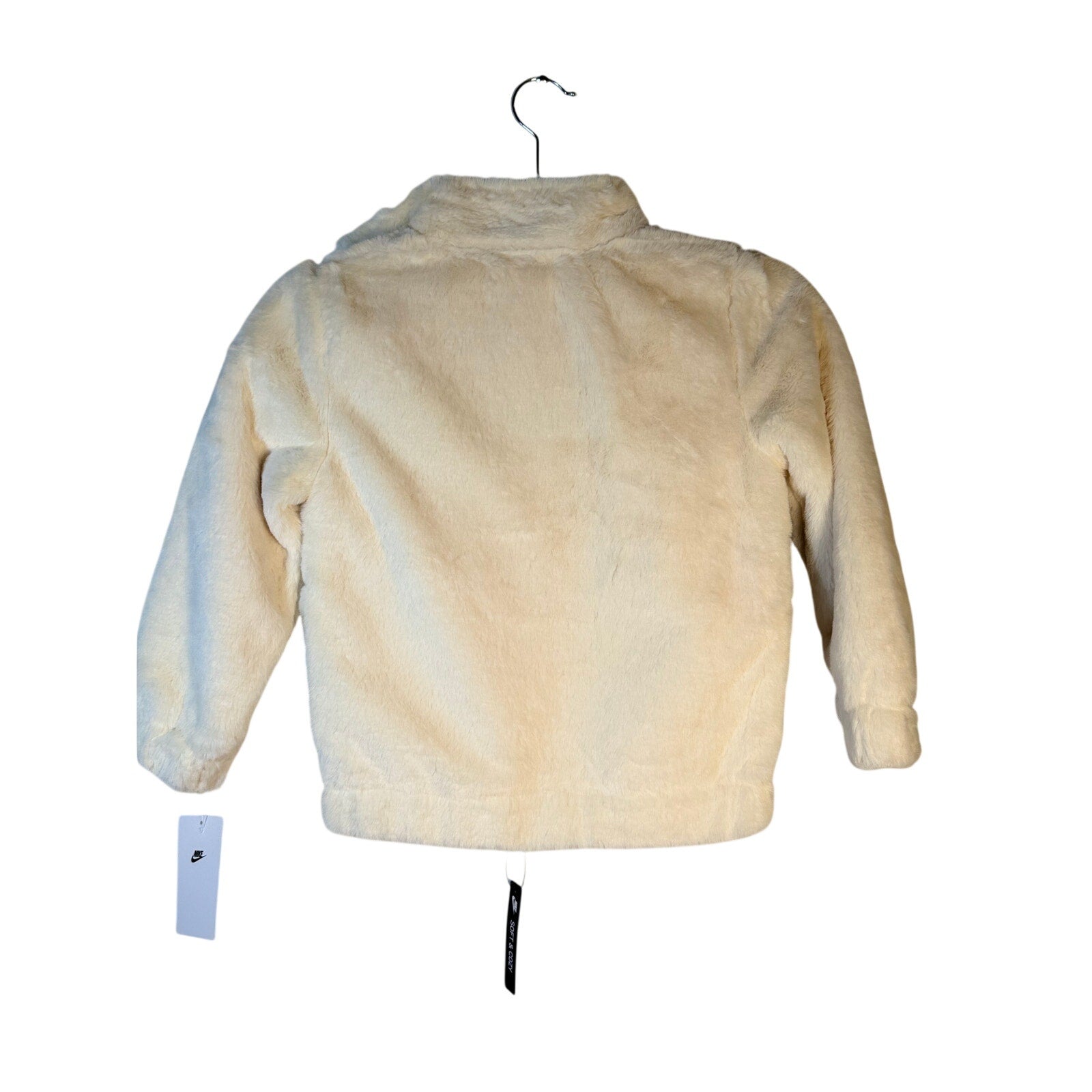 Nike girls' faux fur swoosh jacket in sail white, size 6, full zip, stylish and cozy for casual wear.