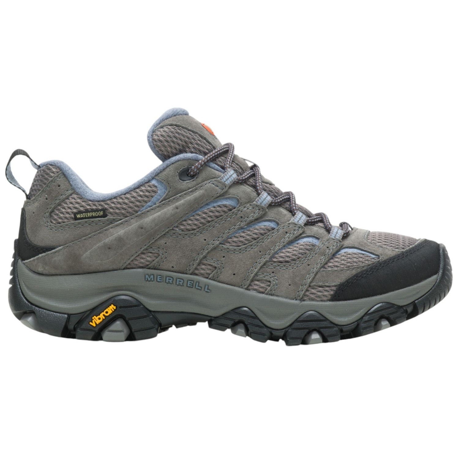 Merrell Moab 3 women's hiking shoes in blue, gray, and black, size 8, outdoor sneakers with rugged sole and supportive design.