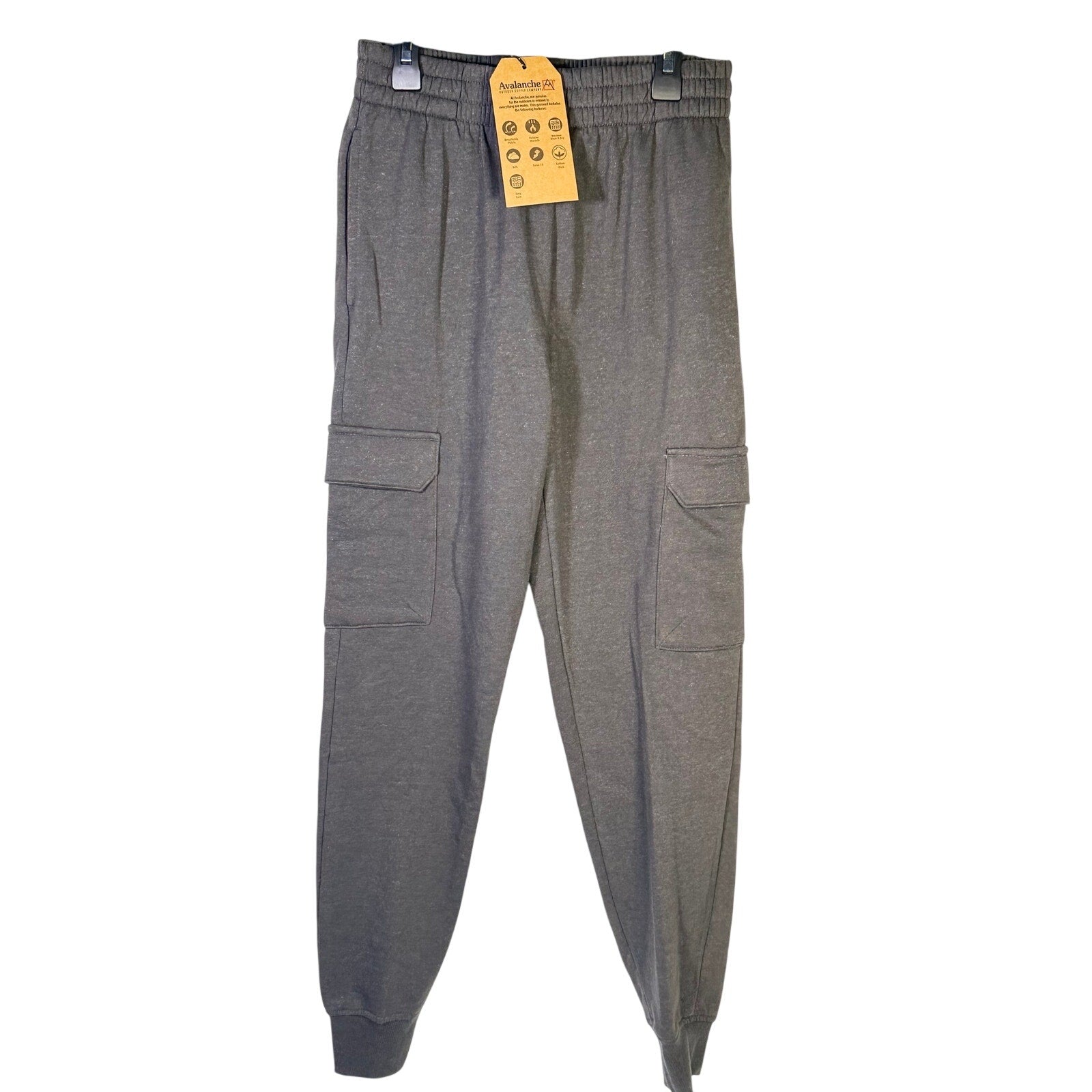 Gray Avalanche boys cargo jogger sweatpants in size large 14/16, featuring pockets and elastic waistband.