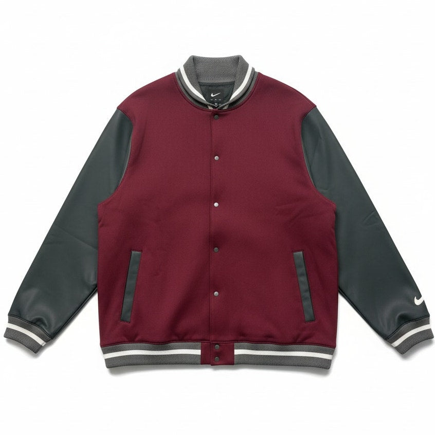 Nike men's XXL dark maroon letterman jacket with team branding and varsity-style design, front view showing jacket details.