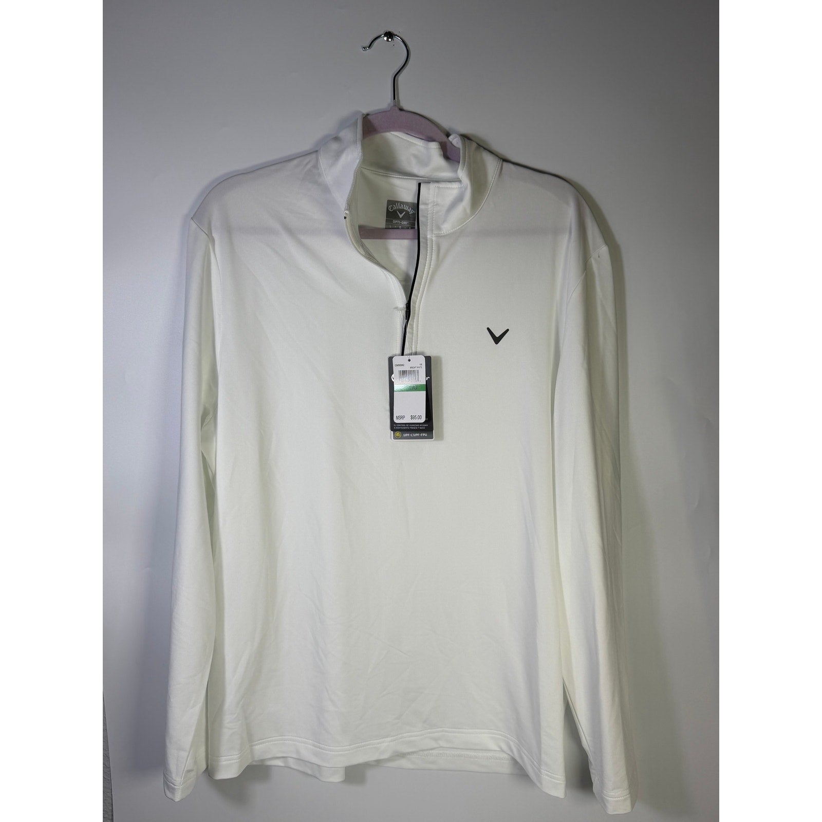 White Callaway women's Opti-Dri quarter zip golf sweatshirt, size large, lightweight and breathable for athletic wear.
