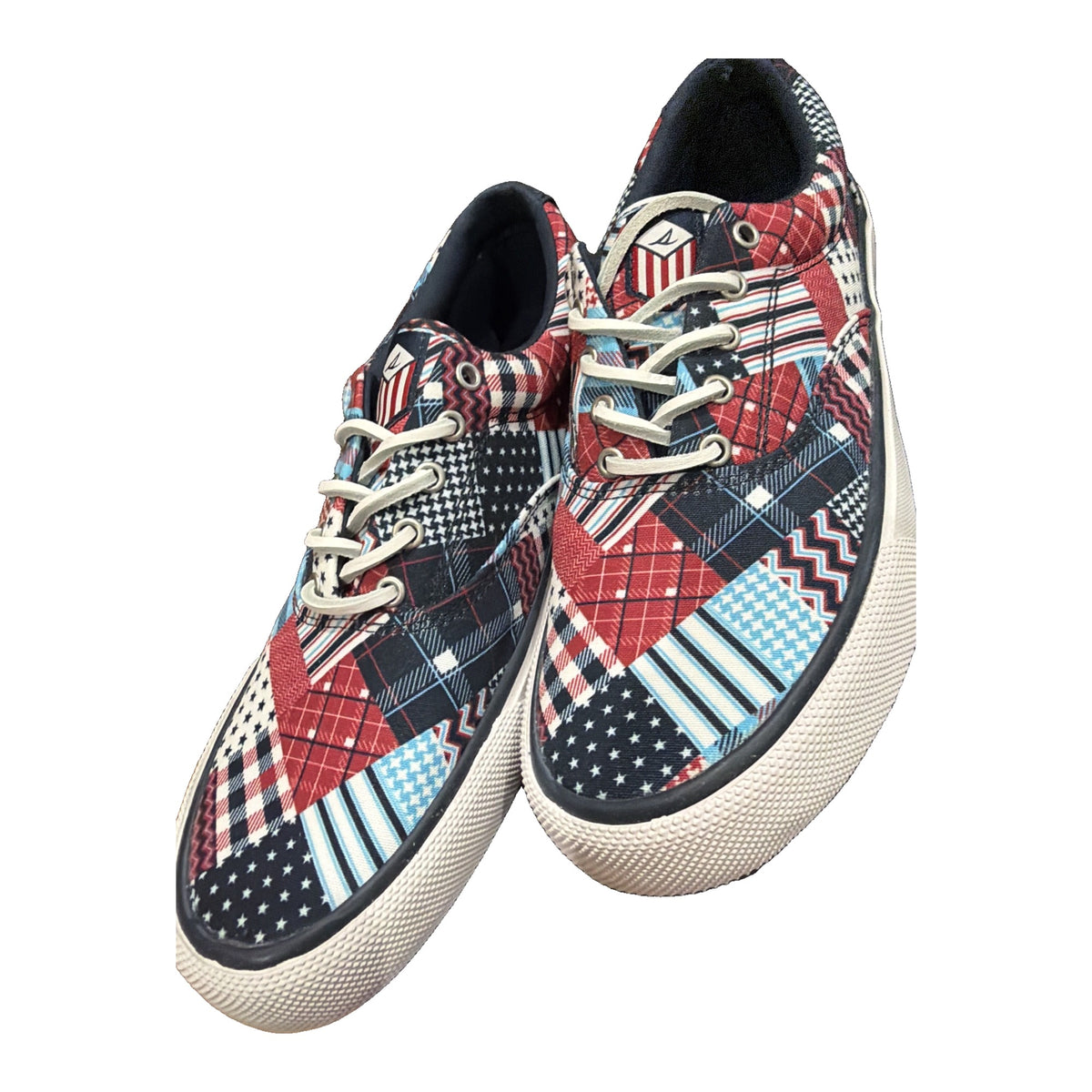 Sperry men's patchwork canvas sneakers in USA blue multi with lace-up design, size 9 M, new in box.