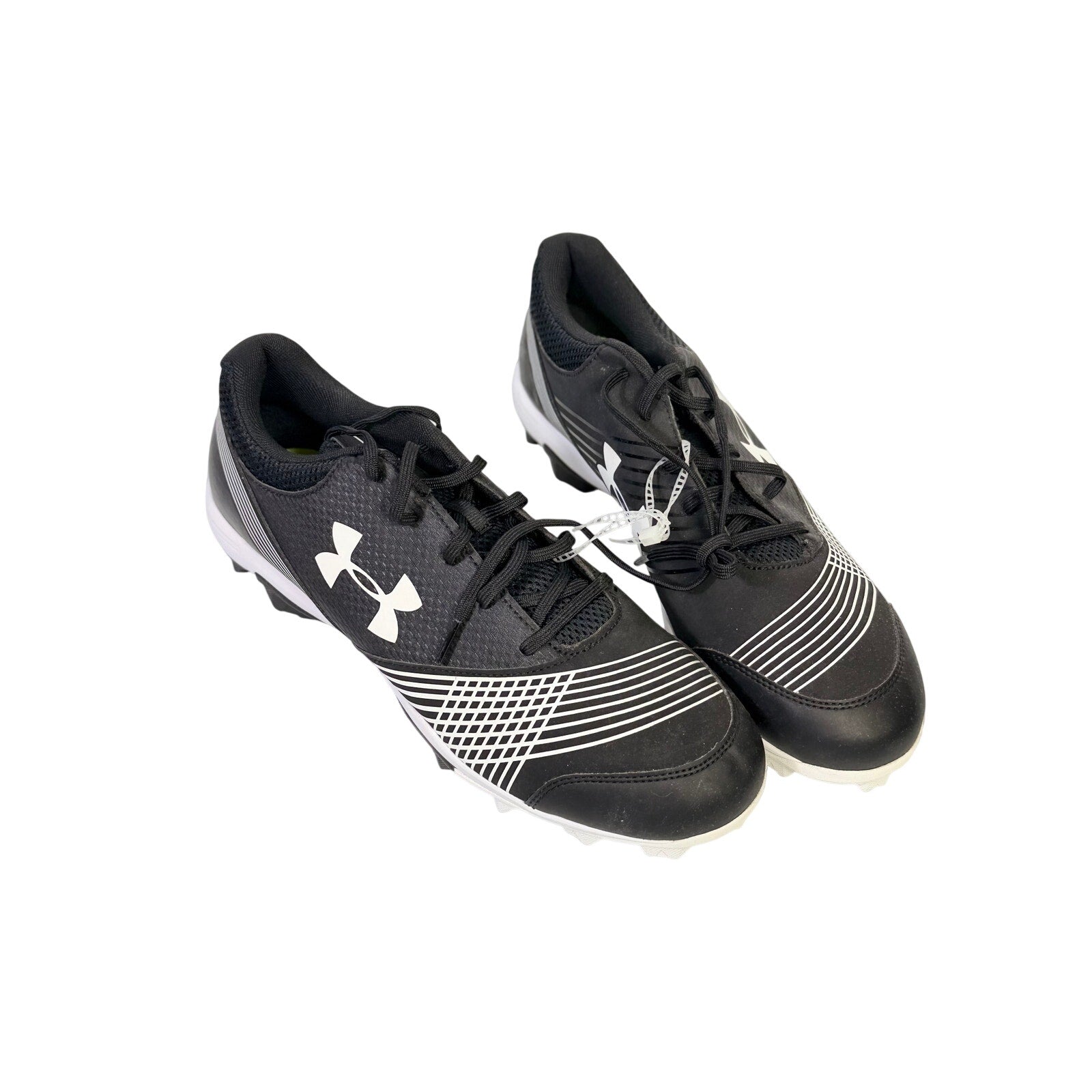 Under Armour men's black and white baseball cleats with molded soles, size 12, athletic shoes for baseball players.
