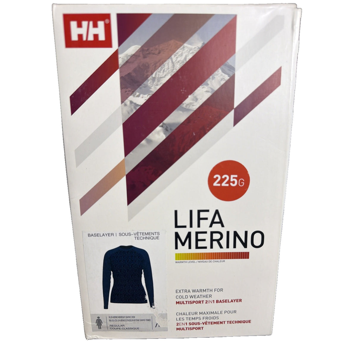 Helly Hansen Women's Lifa Merino Midweight Graphic Crew Base Layer Top in navy leopard print, size XL, new with tags.