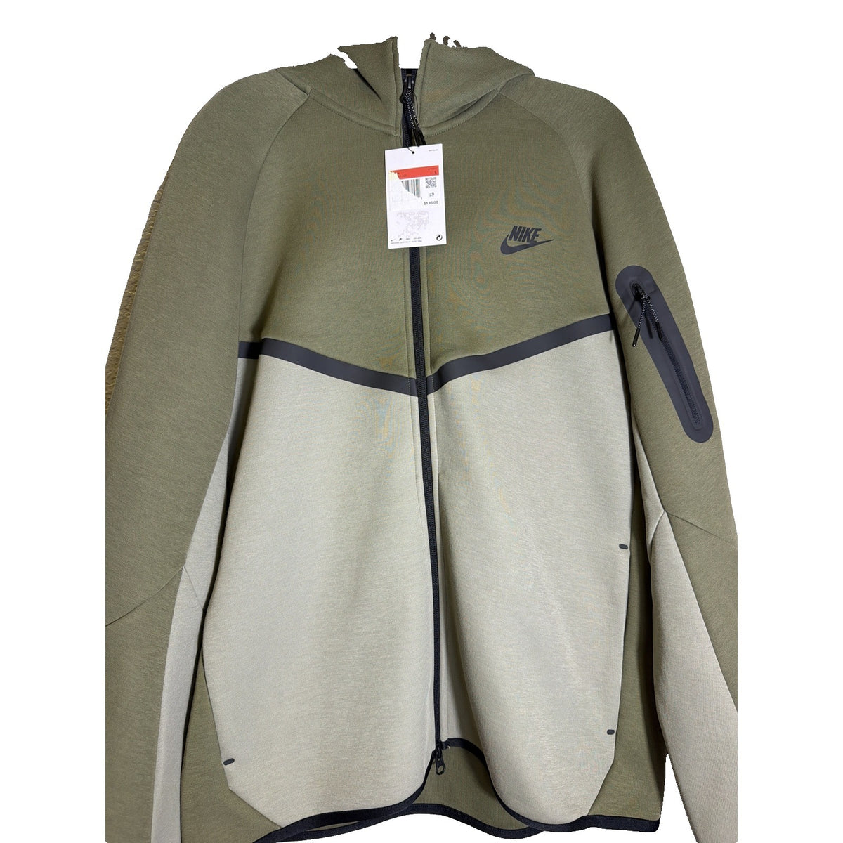 Nike Tech Fleece Windrunner full zip hoodie in olive for men, size L, featuring a lightweight fleece design and sporty style.