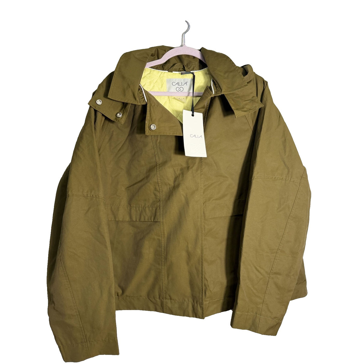 Women's CALIA crop trench jacket in dark khaki olive with hood, showcasing a lightweight, stylish women's jacket in XXL size.