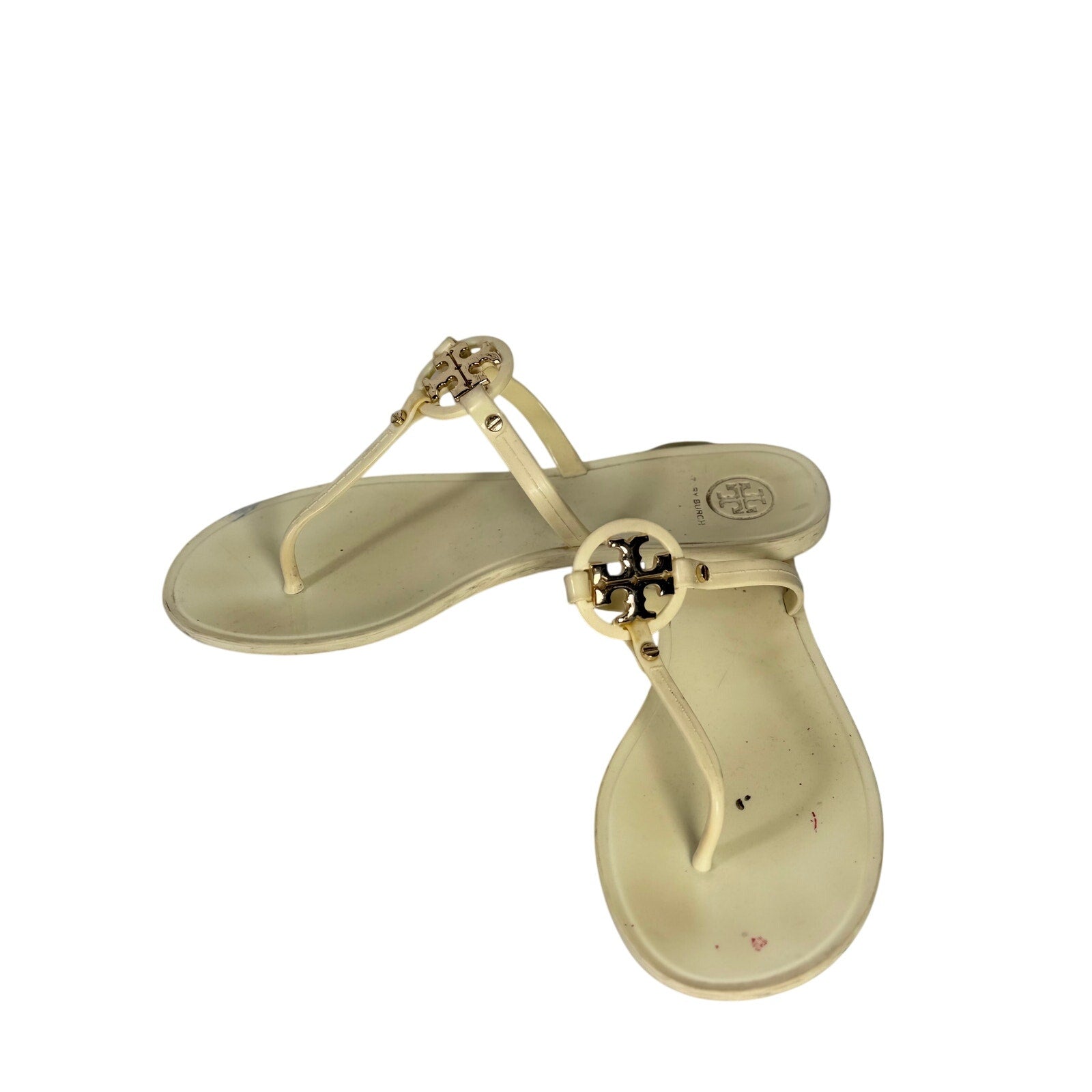 Tory Burch Miller Jelly Sandals for women, US 8, ivory cream color with gold logo detail, flip flops with transparent jelly material.