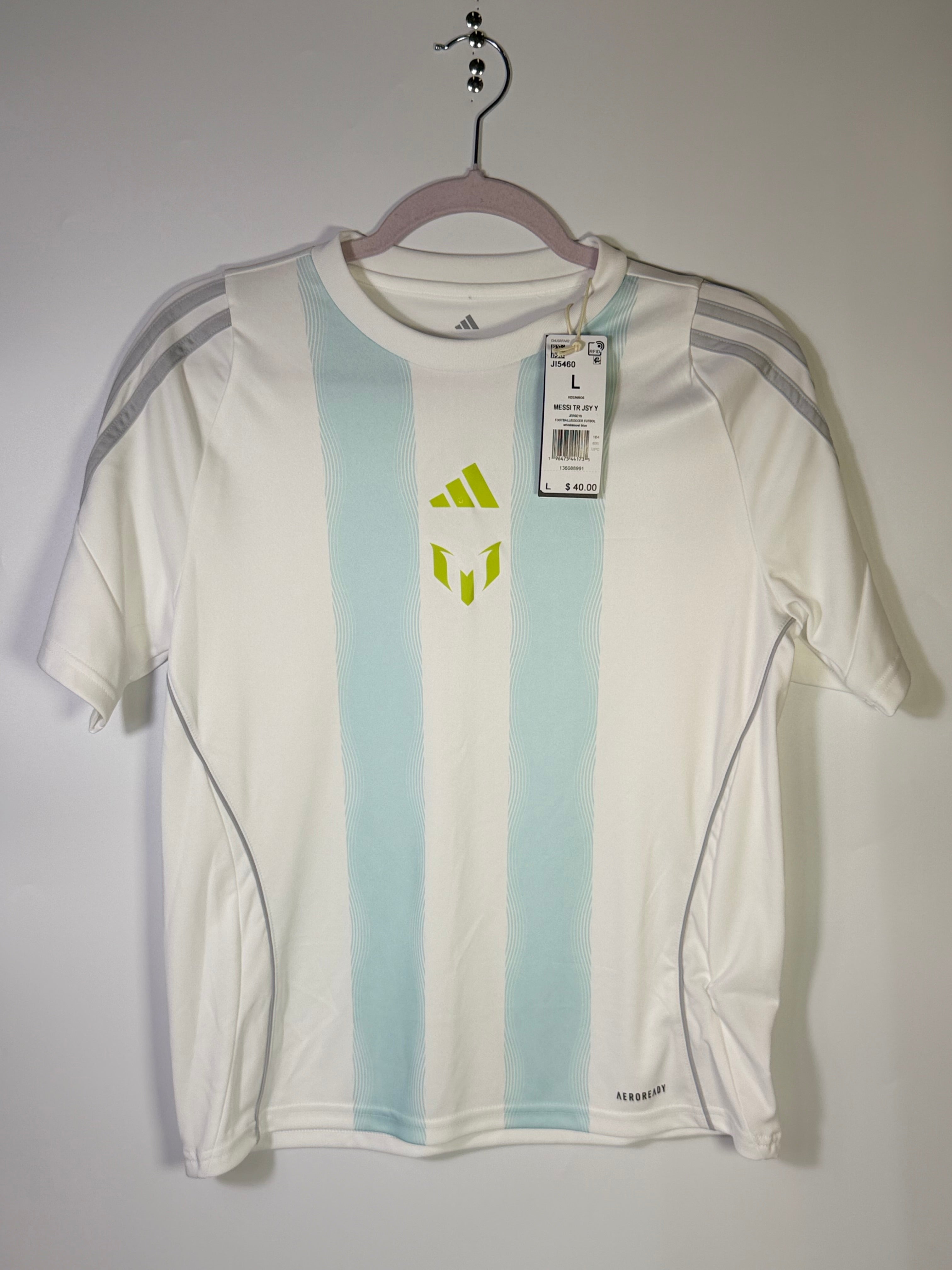 White Adidas Messi training jersey in size large, featuring the brand logo and athletic design for soccer training.