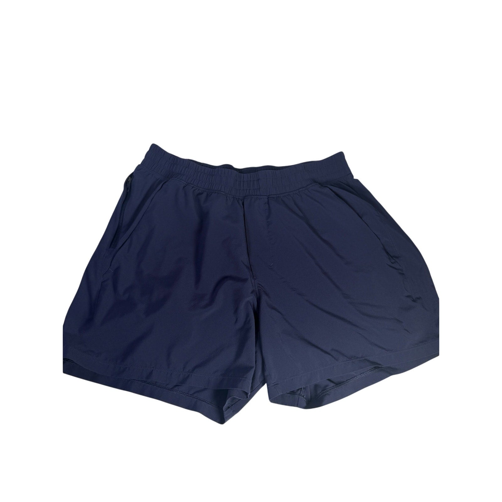 Lululemon men's navy blue athletic running shorts with breathable fabric and elastic waistband, size M.
