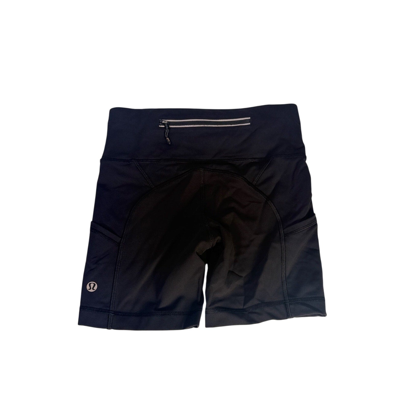 Black Lululemon women's high-rise biker shorts with pockets, size 2, shown laid flat highlighting the fit and fabric.
