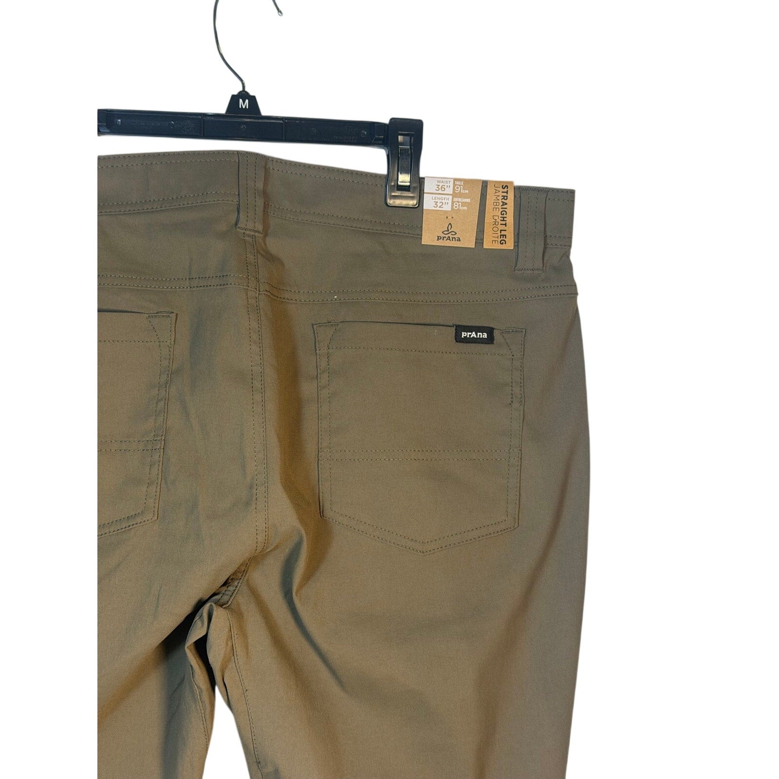 Men's prAna Brion Pants in 36x32, slate green stretch Zion fabric, laid flat showing front and back details.
