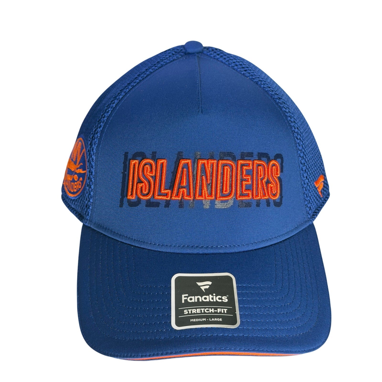 Fanatics New York Islanders NHL stretch fit mesh hat in blue, medium/large size, featuring team logo and breathable mesh panels.