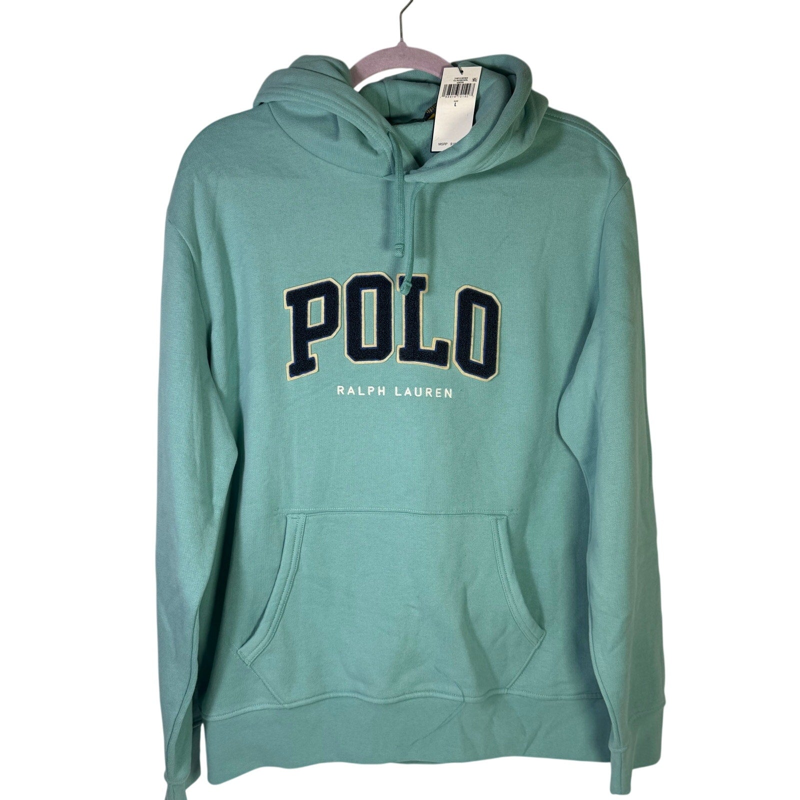 Green Polo Ralph Lauren men's classic fit pullover hoodie with logo, size L, displayed on a neutral background.