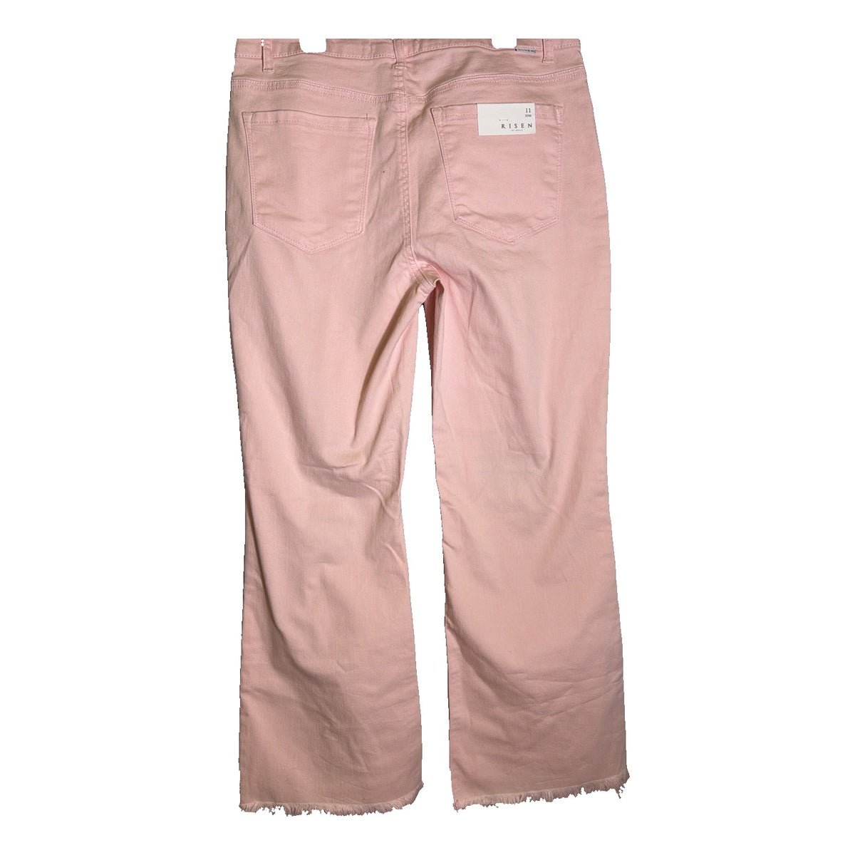 Risen women's high-rise cropped flare jeans in light pink with distressed fray hem, size 11, new with tags
