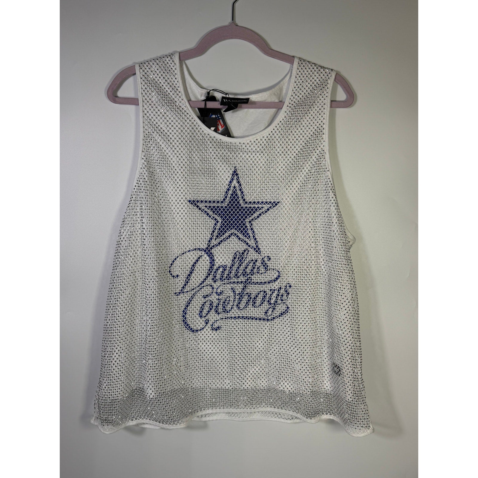 White WEAR by Erin Andrews Dallas Cowboys jeweled mesh tank top for women in 2XL, featuring a stylish and breathable design.
