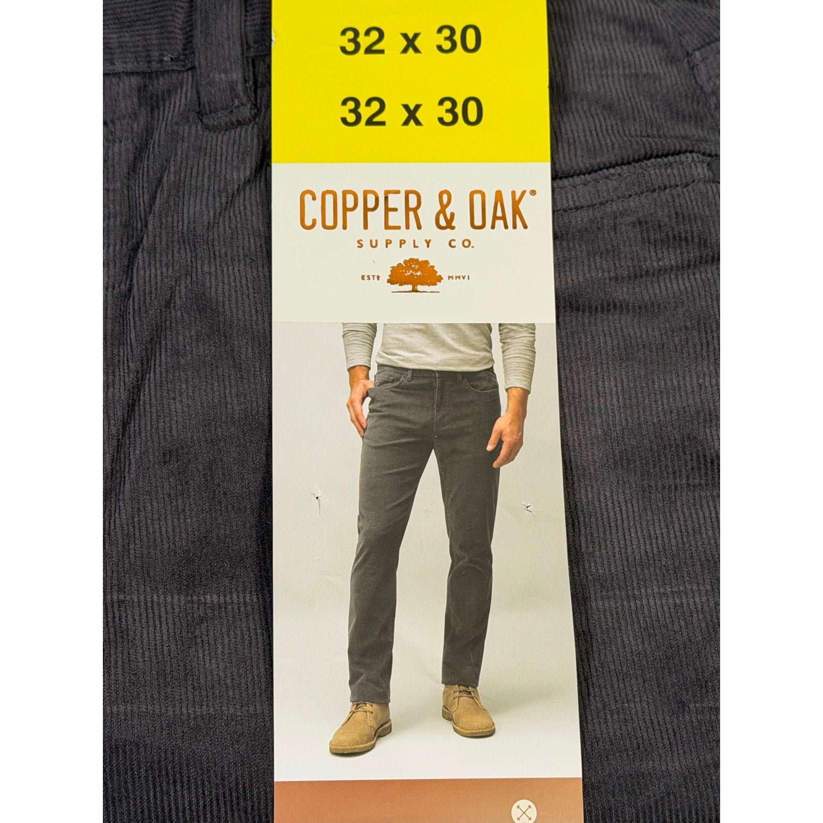Copper & Oak men's gray corduroy pants, size 32x30, new with tags, featuring a classic corduroy texture and tailored fit.