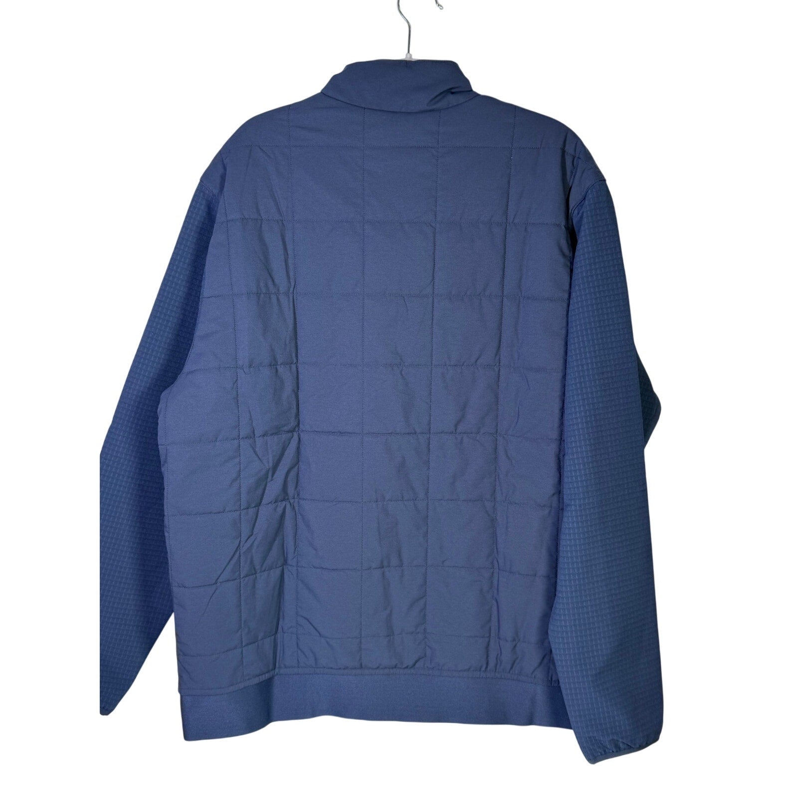 Adidas Ultimate365 Quilted DWR men's navy blue golf jacket, size L, lightweight and water-resistant, with a quilted design.